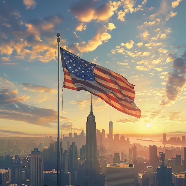 American Flag Over City Skyline at Sunrise