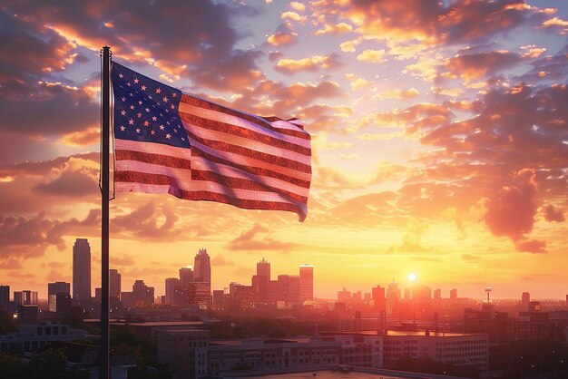 American Flag Over City Skyline at Sunrise