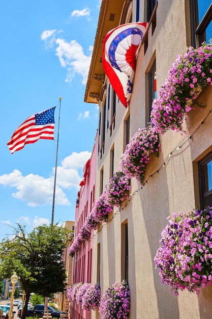 American flag and colors by wall covered in pink window box flowers