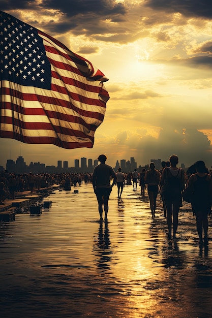 American flag in a crowd of people Independence Day Rear view