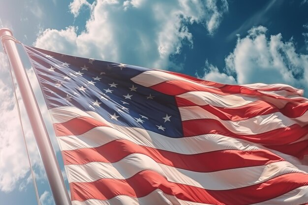 American flag draped against a blue sky with white fluffy clouds symbolizing the spirit of freedom and national pride Generative AI