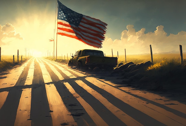 American flag featuring a road and some sunshine