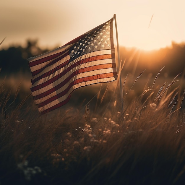 An american flag in a field with the sun shining on it