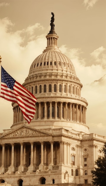 American flag flies in front of a building with a flag in the foreground