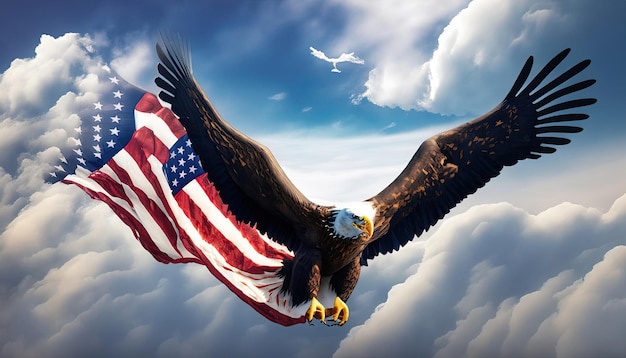 An american flag flying in the sky with a bald eagle flying in the sky.