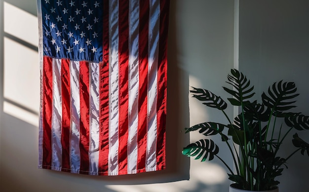 An American flag hanging on a wall casting a shadow with a potted plant to the right