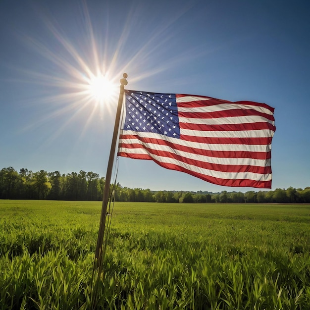 The American flag is being waved against the backdrop of the sun