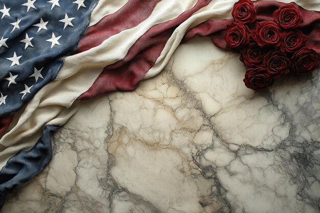 Photo american flag and red roses on marble background