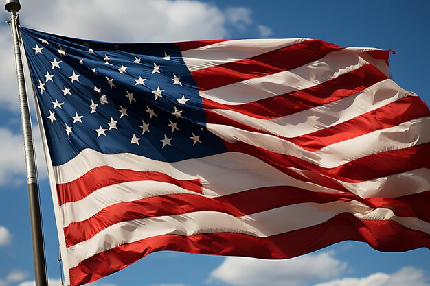 American Flag Soaring Against Clear Blue Sky