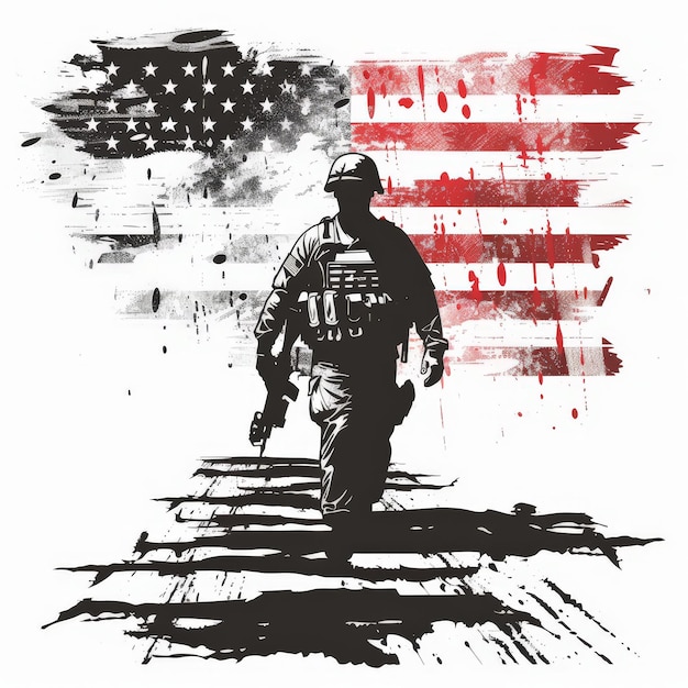 American Flag and Soldier Honor silhouette paint brush stroke design with Memorial Day concept on white background