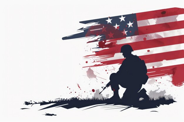 American Flag and Soldier Kneeling silhouette paint brush stroke design with Memorial Day concept on white background