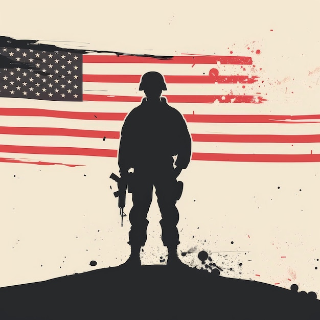 American Flag and Soldier silhouette paint brush stroke design with Memorial Day concept design background