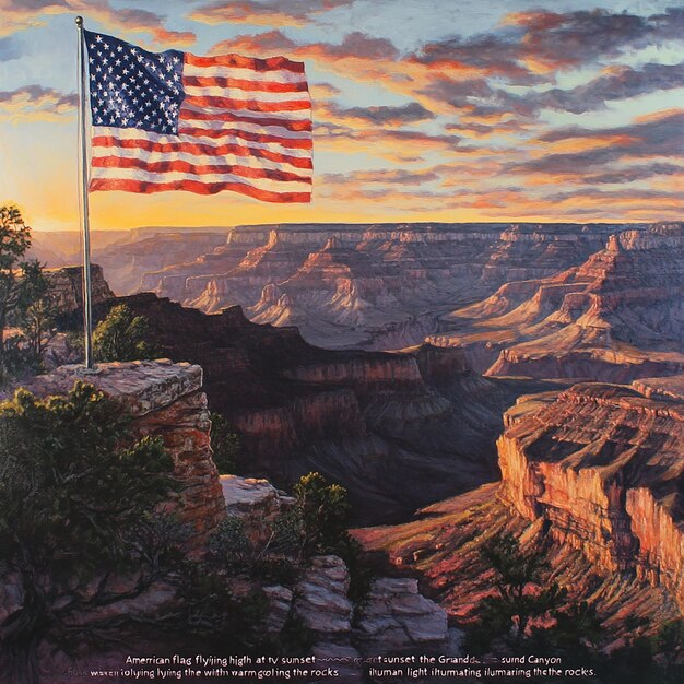 Photo american flag sunset grand canyon rocks glowing light