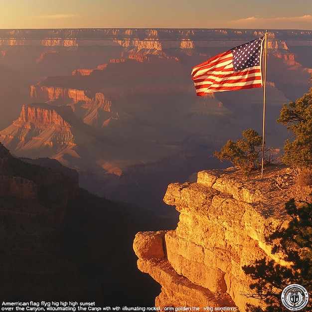 Photo american flag sunset grand canyon rocks glowing light