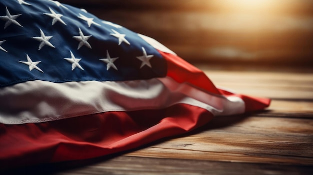 American flag on table with sun flare in background open space for copy memorial day concept