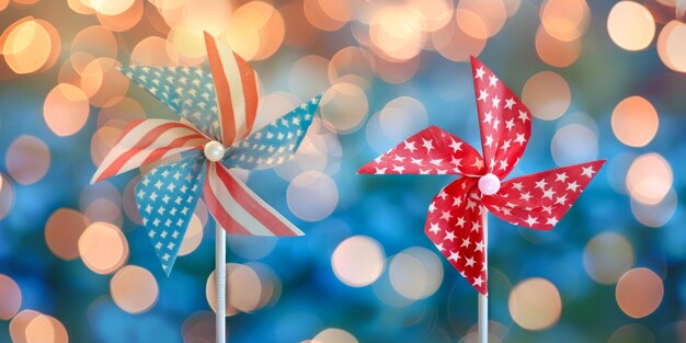 Photo american flag themed pinwheels with bokeh background