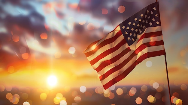 American flag waving gracefully in the breeze against a radiant sunset backdrop