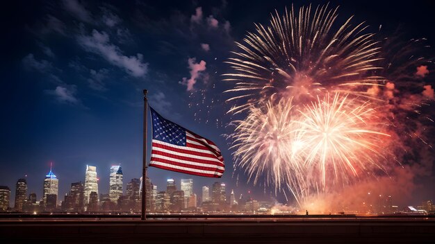 Photo american flag waving proudly against city skyline with fireworks perfect for 4th of july celebration