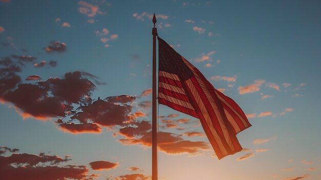 American Flag Waving in the Sunset