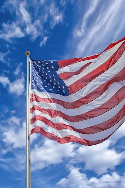 American flag waving in the wind against blue sky created with generative ai