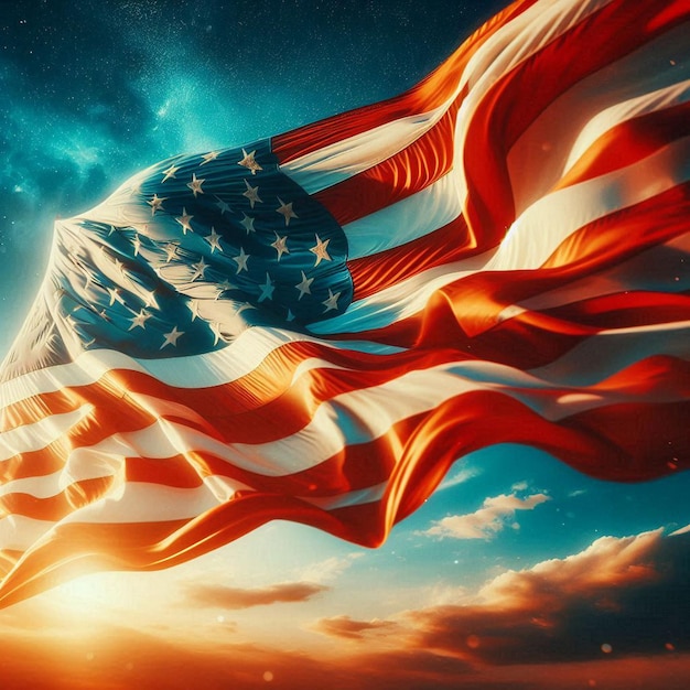 American flag waving in the wind against the blue sky and white clouds