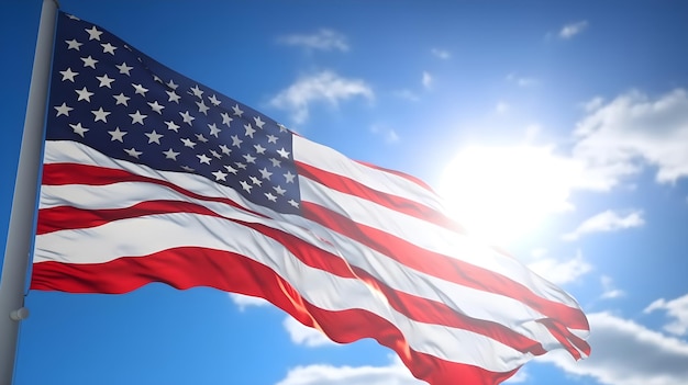 American flag waving in the wind with the sun in the background