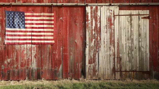 Photo american flag on weathered barn wall with grass