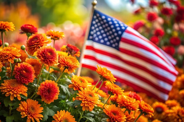 Photo american flag with fall chrysanthemums for labor generated ai