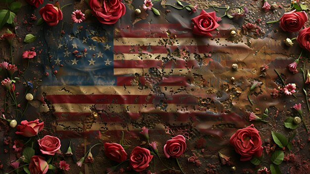 Photo an american flag with red roses and foliage around it