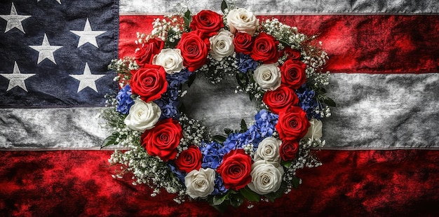 Photo american flag with red white and blue rose wreath patriotic floral tribute