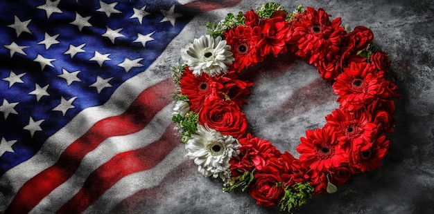 Photo american flag with red white and blue rose wreath patriotic floral tribute