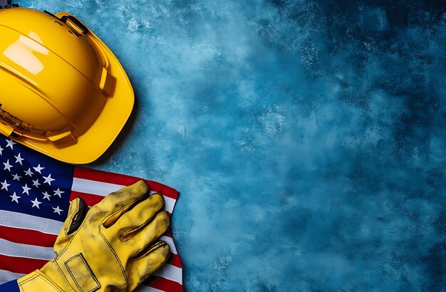 Photo american flag yellow helmet and gloves on a blue background