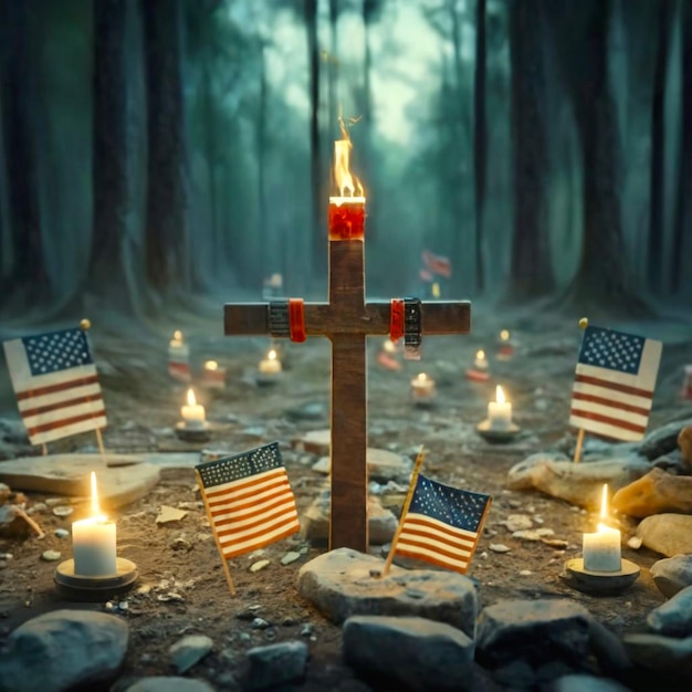 American flags paying tribute to the fallen heroes on Memorial Day cross in nature little grave