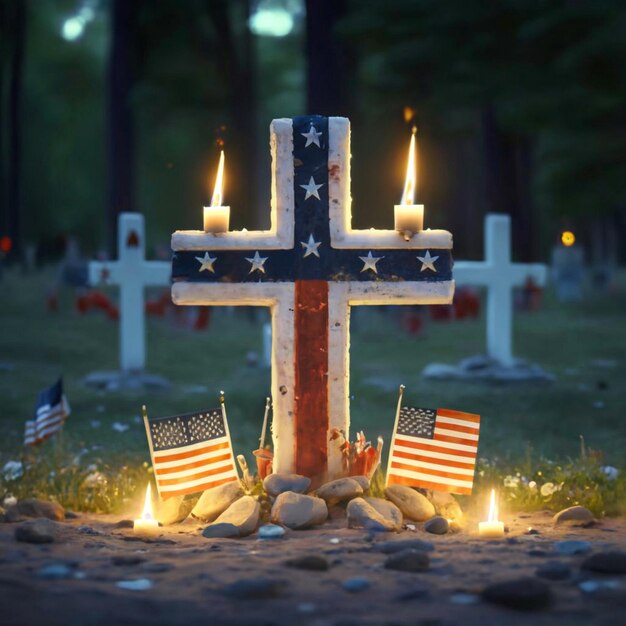 American flags paying tribute to the fallen heroes on Memorial Day cross in nature little grave