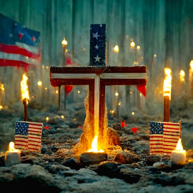 American flags paying tribute to the fallen heroes on Memorial Day cross in nature little grave