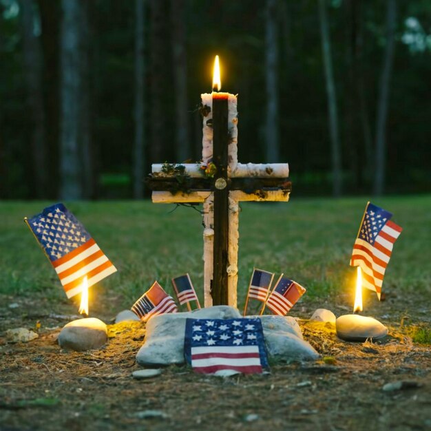 American flags paying tribute to the fallen heroes on Memorial Day cross in nature little grave