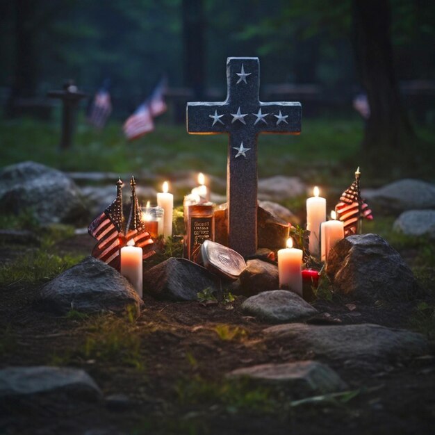 American flags paying tribute to the fallen heroes on Memorial Day cross in nature little grave