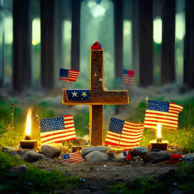 American flags paying tribute to the fallen heroes on Memorial Day cross in nature little grave