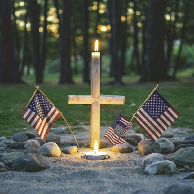 American flags paying tribute to the fallen heroes on Memorial Day cross in nature little grave