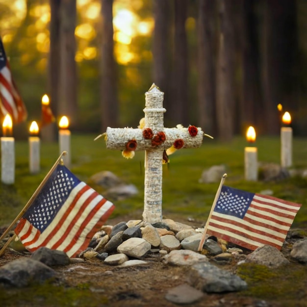 American flags paying tribute to the fallen heroes on Memorial Day cross in nature little grave