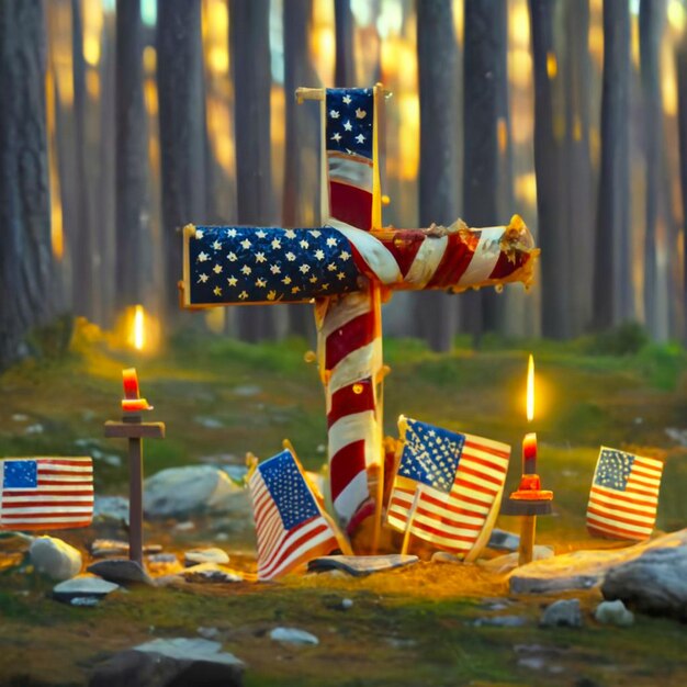 American flags paying tribute to the fallen heroes on Memorial Day cross in nature little grave