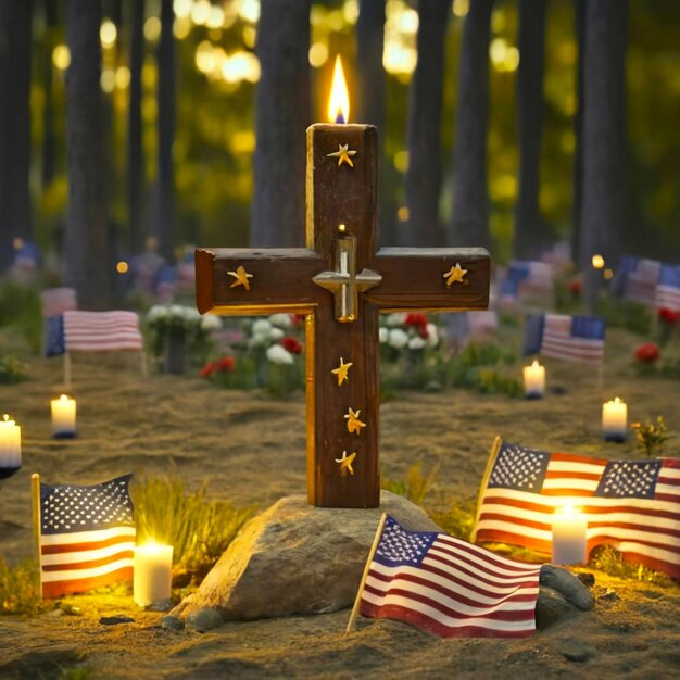 American flags paying tribute to the fallen heroes on Memorial Day cross in nature little grave