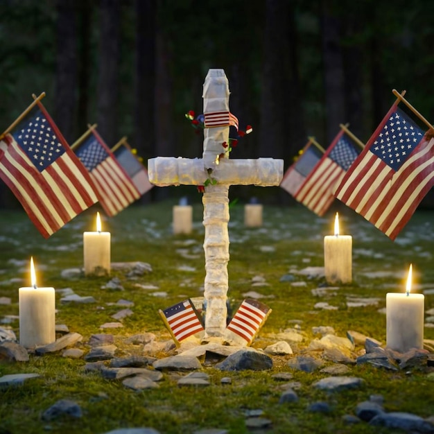 American flags paying tribute to the fallen heroes on Memorial Day cross in nature little grave