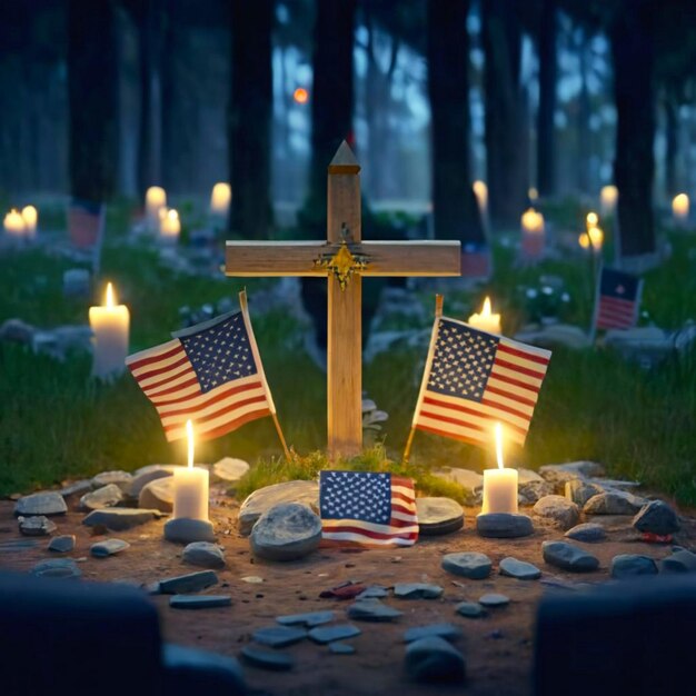 American flags paying tribute to the fallen heroes on Memorial Day cross in nature little grave