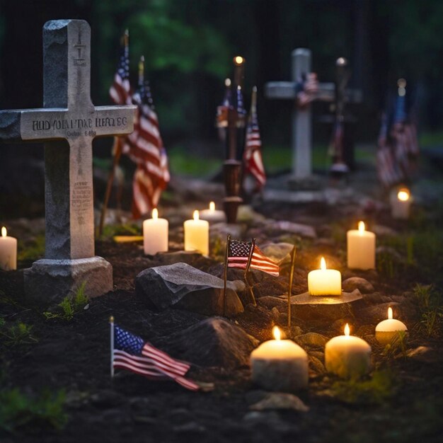 American flags paying tribute to the fallen heroes on Memorial Day cross in nature little grave