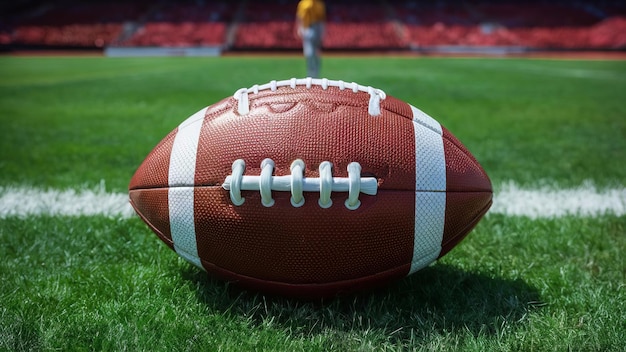 American football ball on grass in the stadium Concept for poster design background banner