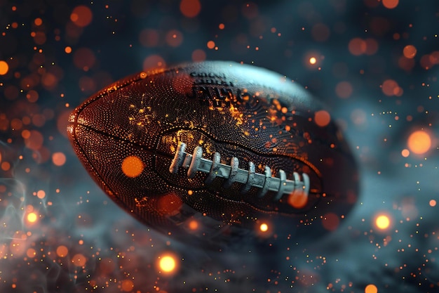 american football flying with glowing particles on dark background