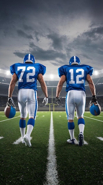 American Football Game Start Teams Ready Two Professional Players Walk on Field Determined to Win