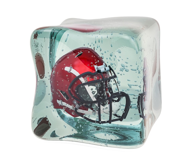 American football helmet frozen in ice cube 3D rendering