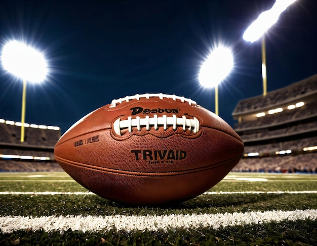 American football lying on the ground in the center of a grand stadium